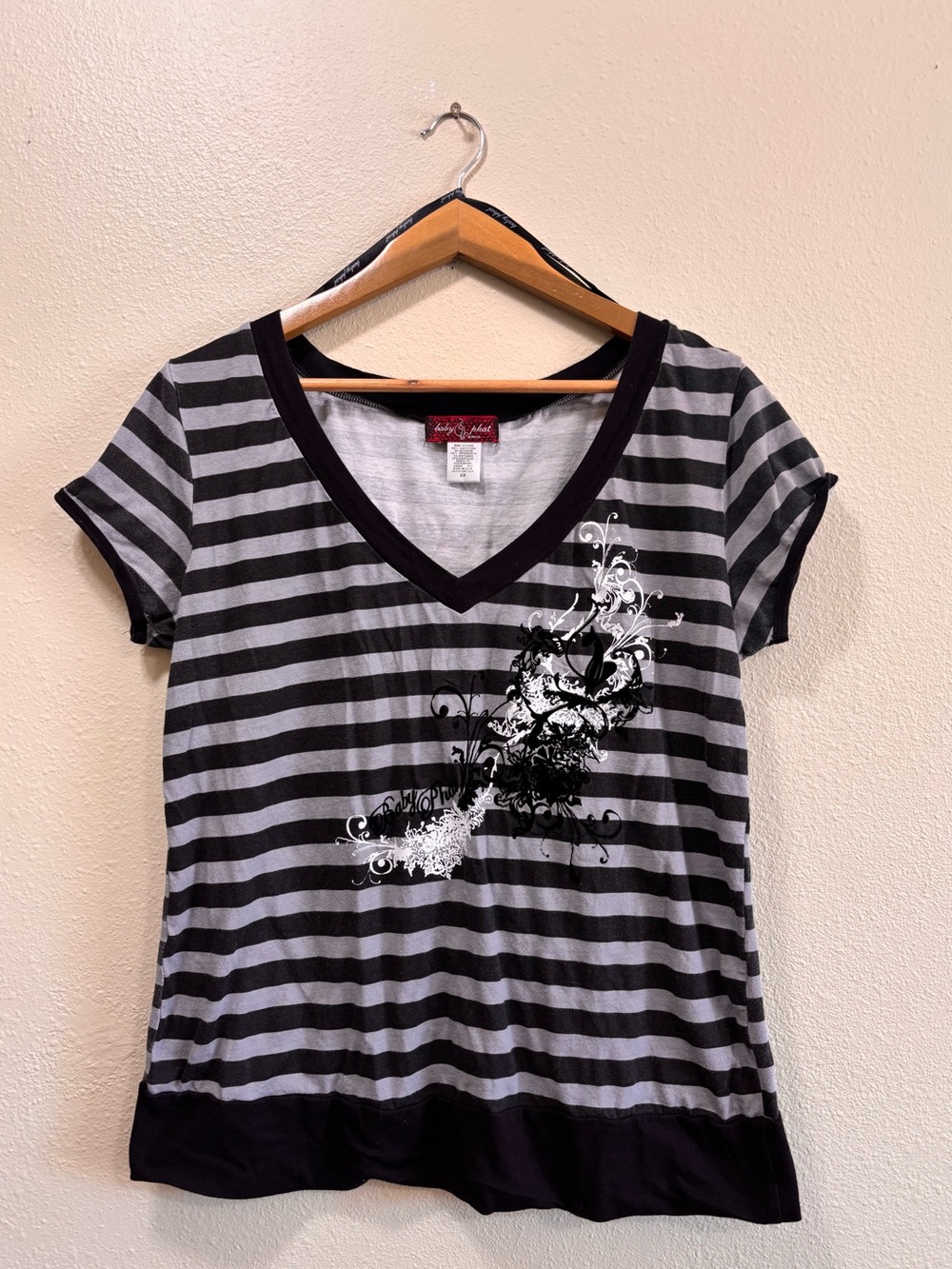 Baby phat Black & Gray Striped V-Neck Graphic Tee